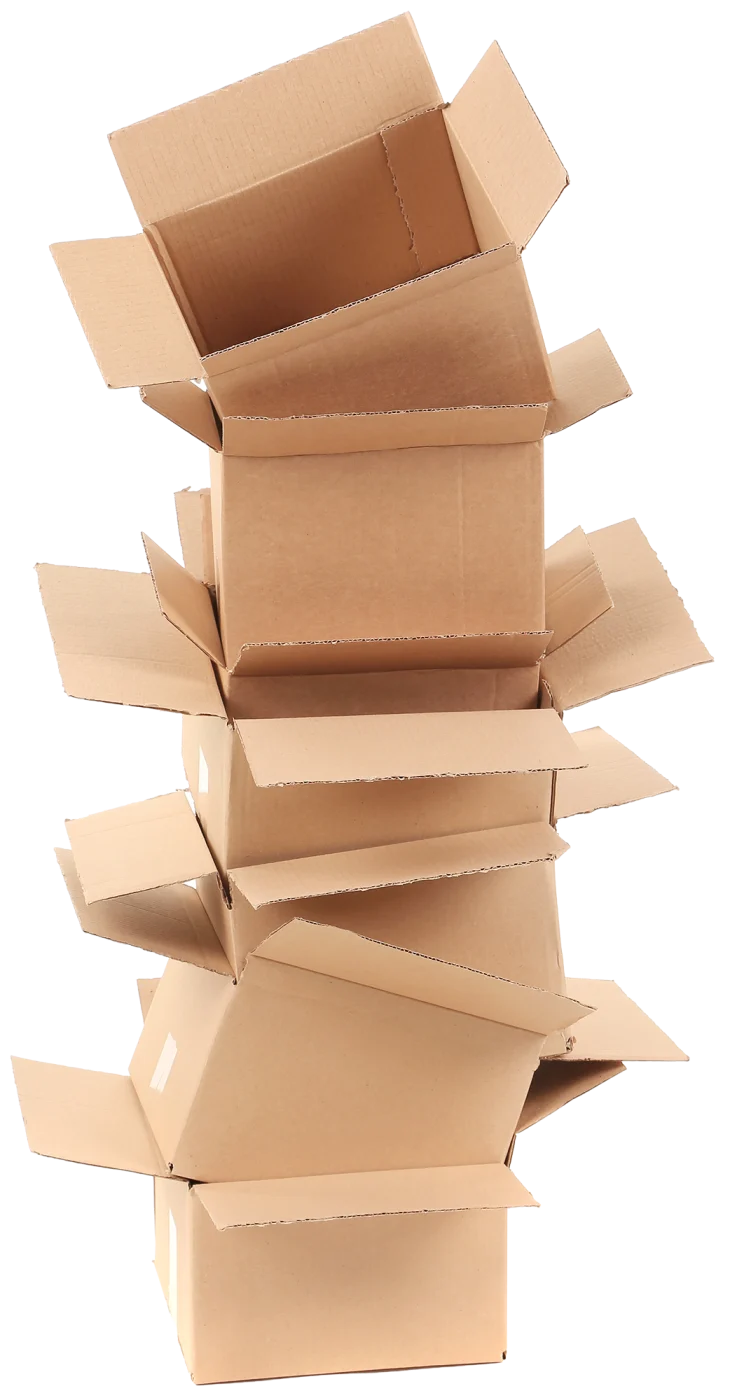 A tall stack of Knight Owl moving boxes
